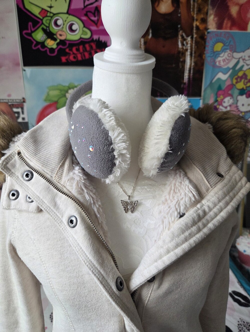 2000s y2k grey fuzzy earmuffs with rhinestones